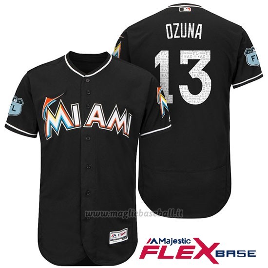 Maglia Baseball Uomo Miami Marlins Marchell Ozuna Nero 2017 Allenamento Primaverile Flex Base Giocatore